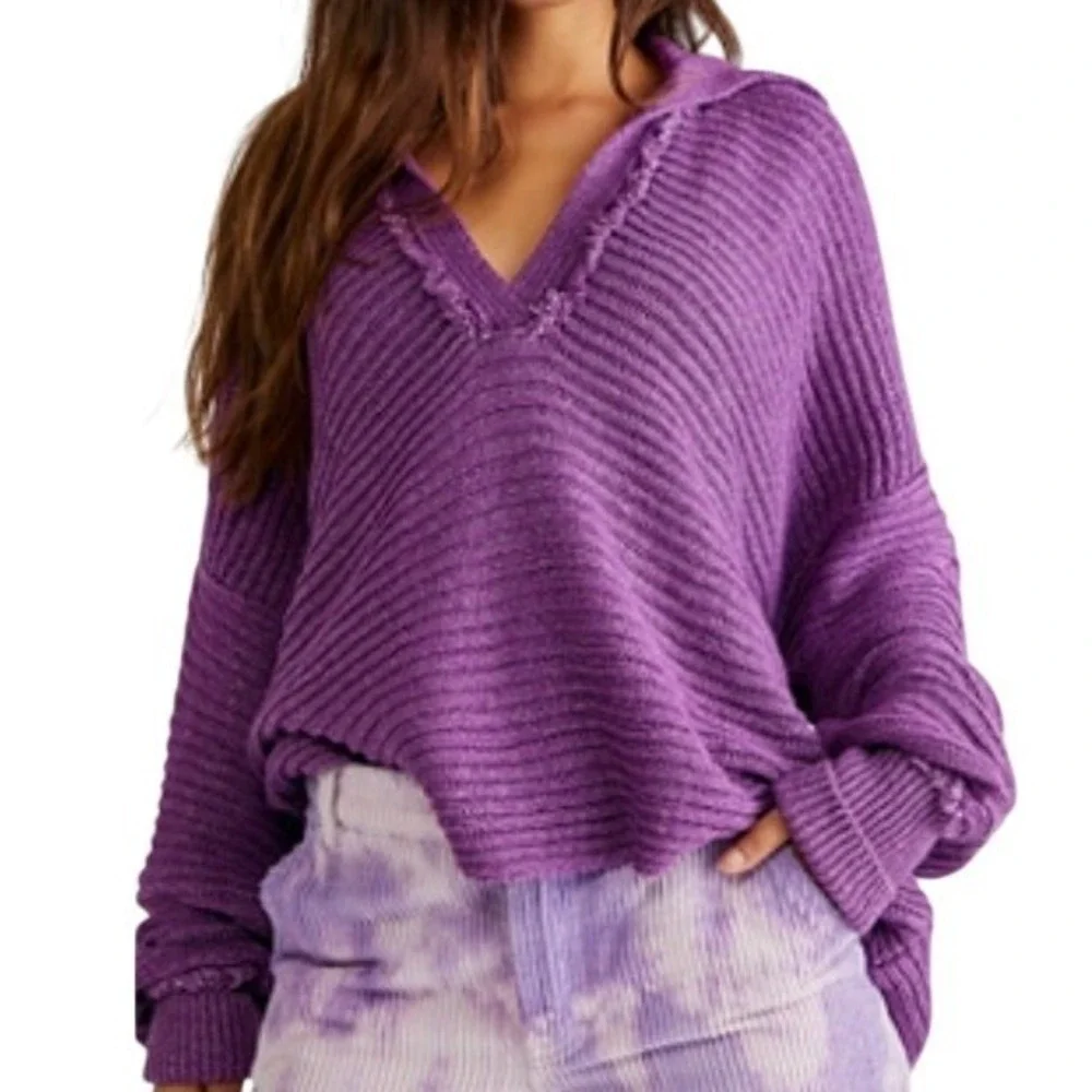 Free People Sweater Purple Women Small Ribbed V-Neck Oversized Raw Edge Boho